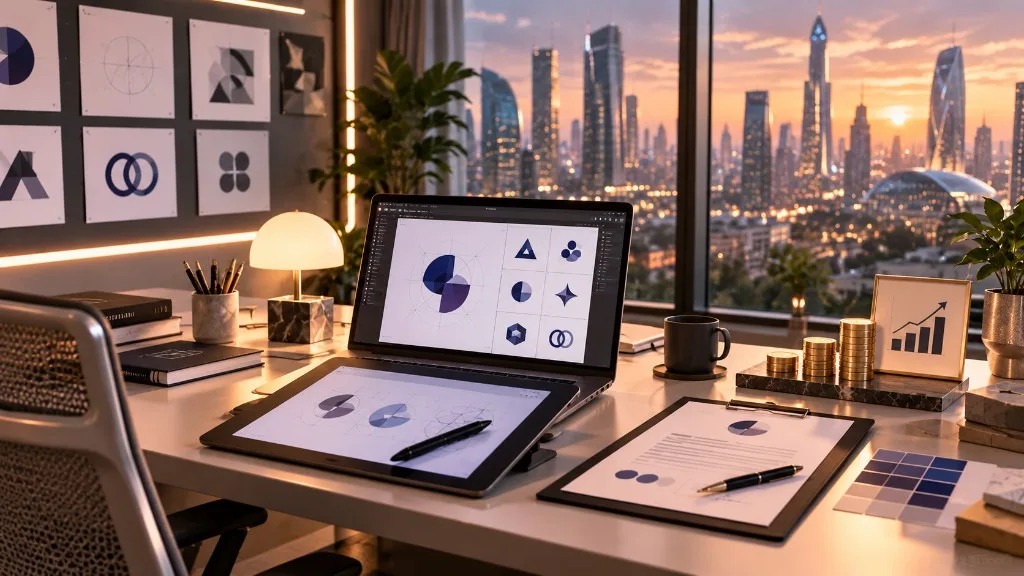 Professional logo design workspace with laptop, tablet sketches, coins and growth chart showing logo cost and brand value in 2026