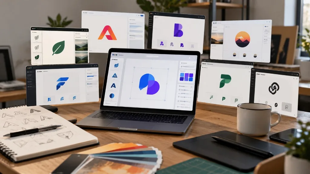 Modern logo design workspace with laptop and floating AI logo concepts in multiple styles, illustrating Looka alternatives in 2026
